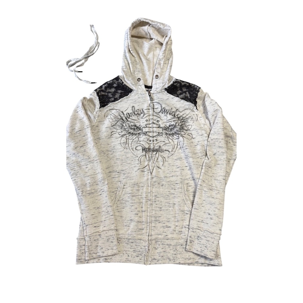 Harley Davidson Womens Grey Space Dye Lace Shoulder Rhinestone Zip Hoodie Large
